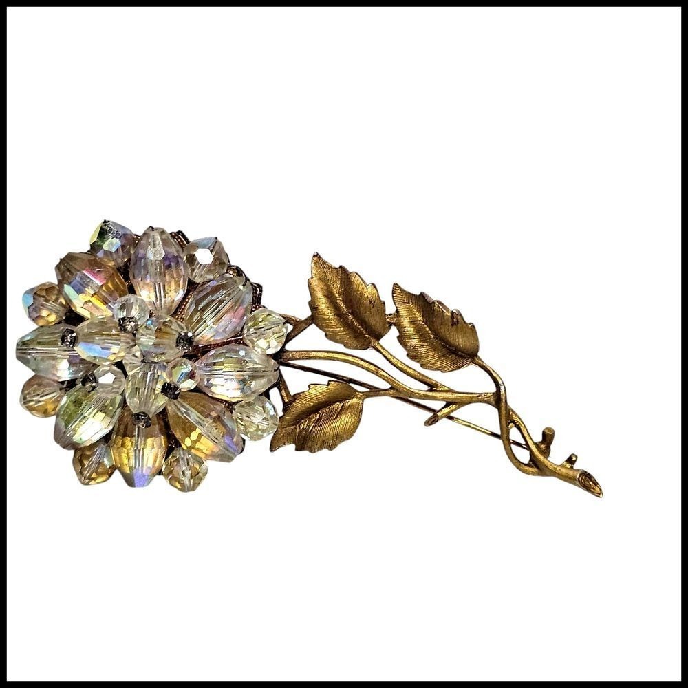 Vintage Aurora Borealis Brooch Flower Pin Crystal Rhinestone Floral Bouquet